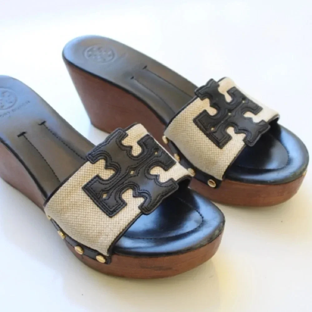 Tory Burch Black Leather and Beige Canvas Wedge Sandals